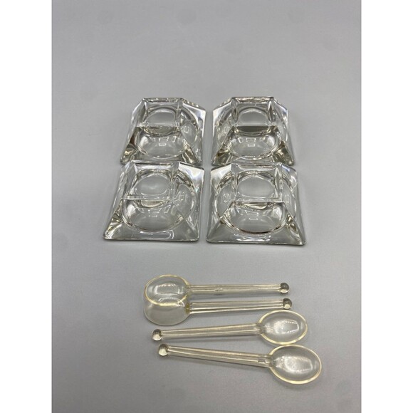 VINTAGE 2" GLASS SQUARE OPEN SALT CELLARS W/PLASTIC SPOONS - Picture 5 of 9